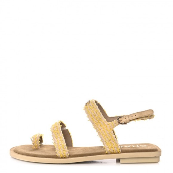 CHANEL TWEED CC Sandals 37 Yellow Light Pink - Picture 1 of 10